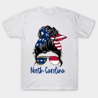 North Carolina girl Messy bun , American Girl , North Carolina Flag T-Shirt